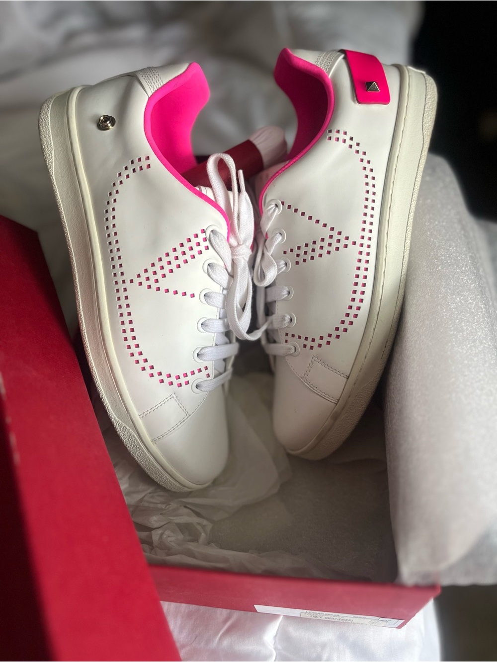 Valentino White Leather Sneakers with Hot Pink Trim